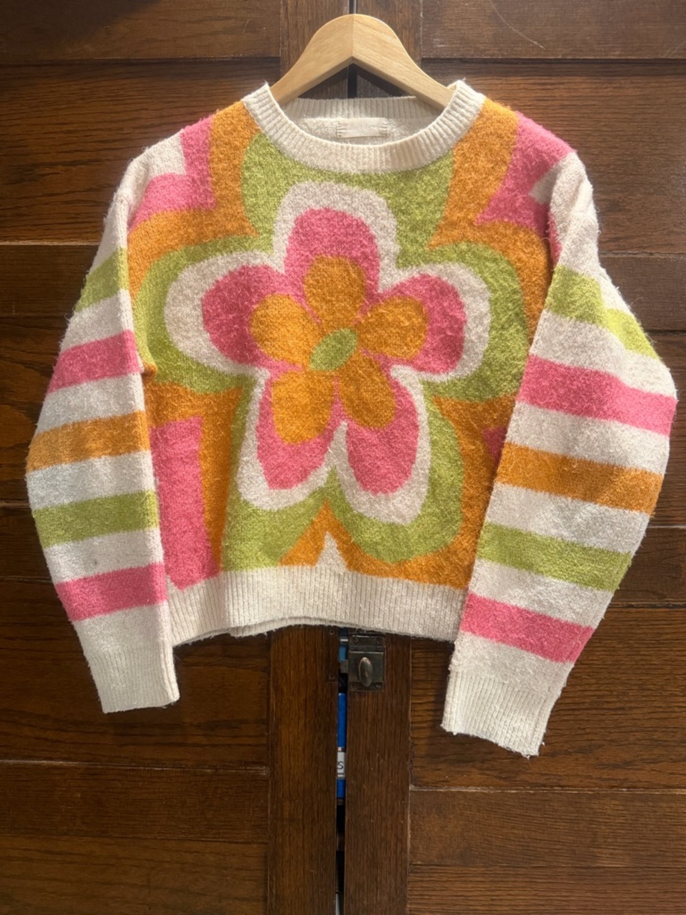 Altar'd State medium Pink Orange flower power mock-neck knit cropped Sweater